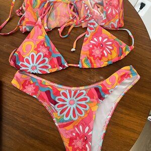 Floral Bikini Set with Matching Coverup, Size M Pink/Orange